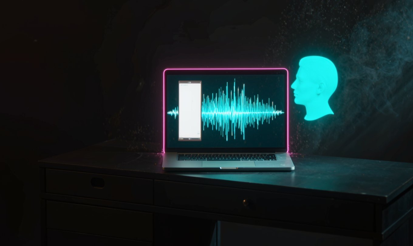 Notebook com forma de onda e silhueta holográfica de um rosto